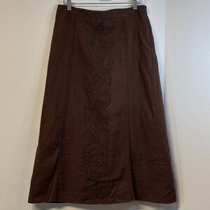 Carole Little Brown Embroidered Linen Blend A-line Midi Skirt Size 10